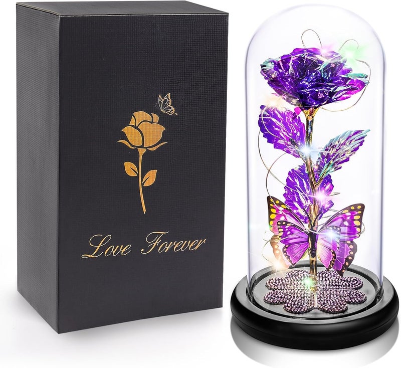 Fennec Mart Galaxy Glass Rose Forever Eternal Crystal Flower Light Up Rose in Glass Dome with Butterfly Purple Valentines Gift for Her Women Daughter Mom Wife Girlfriend Birthday Anniversary Keepsake - Image 1