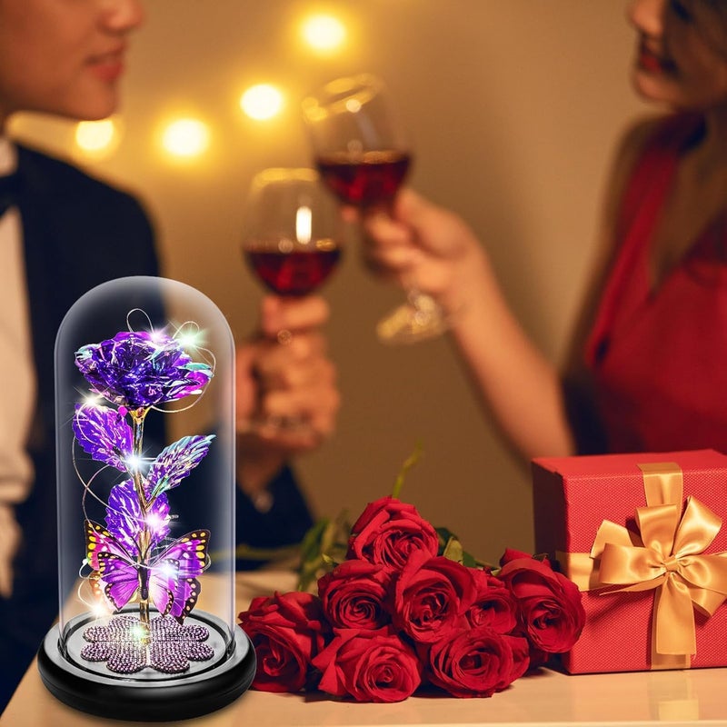 Fennec Mart Galaxy Glass Rose Forever Eternal Crystal Flower Light Up Rose in Glass Dome with Butterfly Purple Valentines Gift for Her Women Daughter Mom Wife Girlfriend Birthday Anniversary Keepsake - Image 4