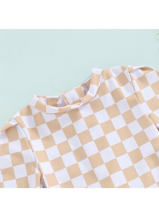 Yccutest Toddler Rash Guard One Piece Swimsuit Baby Girl Long Sleeve Ruffles Swimwear Zipper Bathing Suit Checkerboard Outfit, Khaki, 2-3T - Image 3