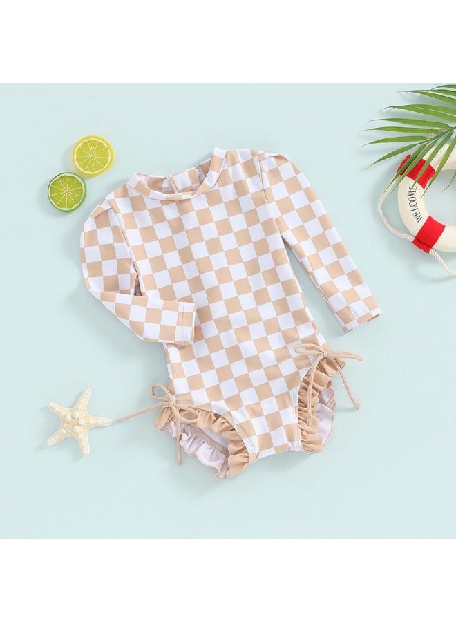 Yccutest Toddler Rash Guard One Piece Swimsuit Baby Girl Long Sleeve Ruffles Swimwear Zipper Bathing Suit Checkerboard Outfit, Khaki, 2-3T - Image 2