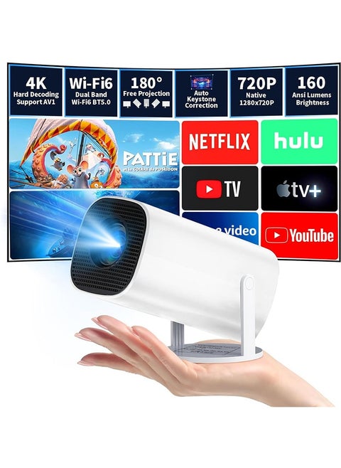 Smart Projector 4K Support 180° Rotatable, Portable Projector 4k Full HD Wifi, Mini Projector Auto Horizontal Correction, Outdoor Movie Projector Compatible with Phone