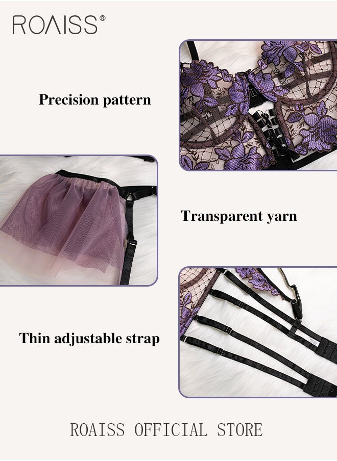 roaiss Lace Sheer Bralette and Panty Underwear Set for Women with Multiple Adjustable Strap and Chain Decor Ladies Lingerie Splicing Suit with Floral Embroidery Texture  - Image 2