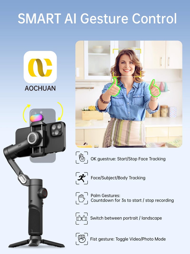 AOCHUAN جهاز تثبيت AOCHUAN للهواتف الذكية، تحكم بالإيماءات/تتبع الوجه، إضاءة تعبئة مغناطيسية، جهاز تثبيت محمول قابل للطي، مثبت ثلاثي المحاور لتسجيل فيديوهات TikTok وYouTube وVlog، طقم XE - Image 5