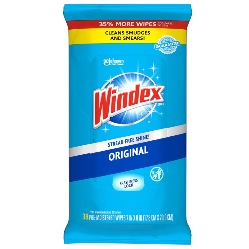 Windex Wipes Glass Cleaning, Pre-Moistened Glass and Surface Wipes to Clean Home Surfaces, Original Scent, 38 Count - Image 1