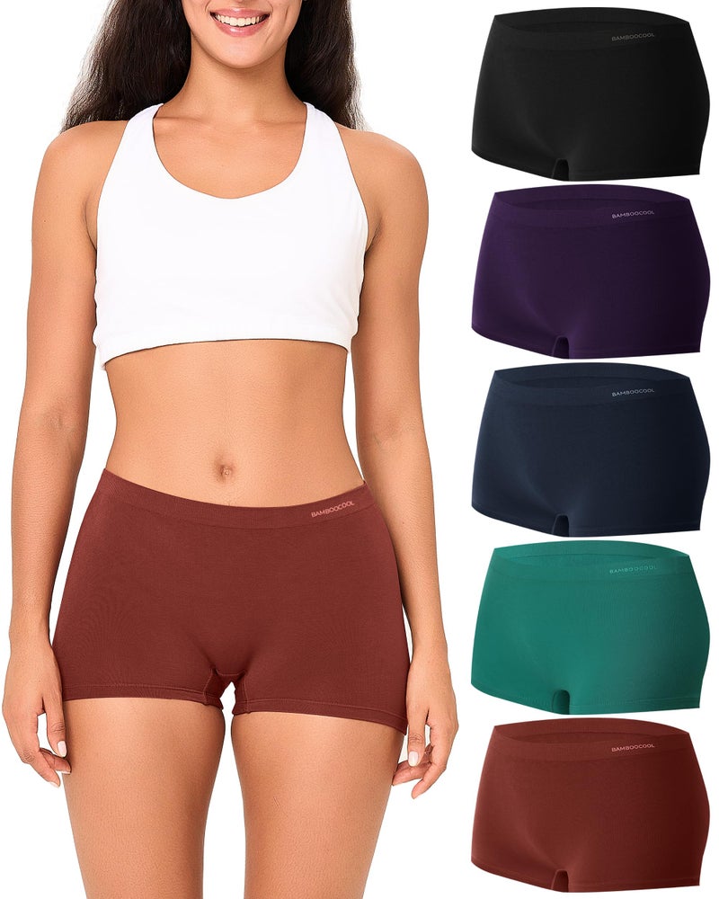 BAMBOO COOL Seamless Boyshort Underwear for Women Mid Waist Stretchy Panties Moisture Wicking Boxer Briefs 5 Pack - Image 1