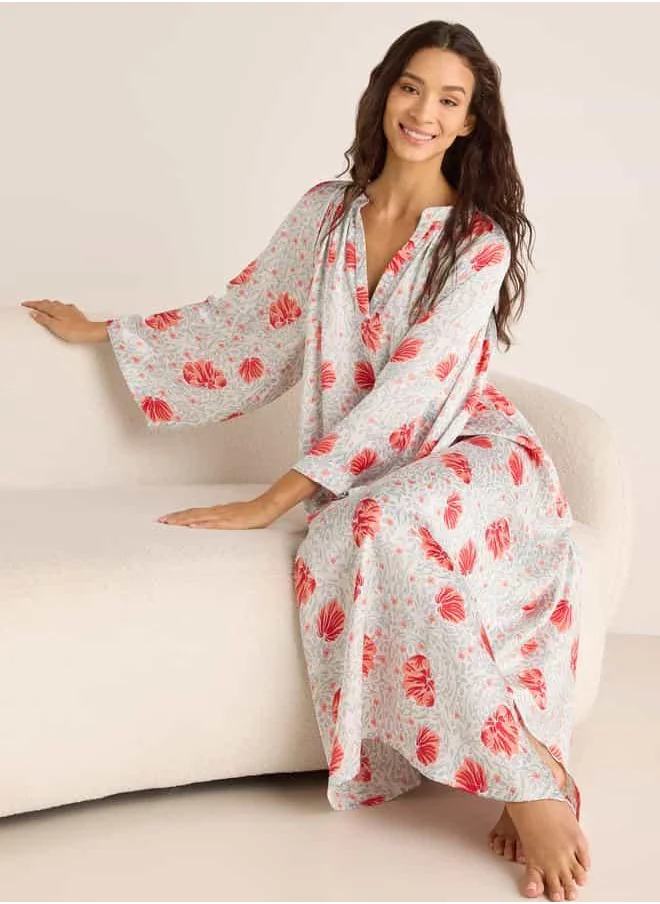 FAV Floral Print Night Dress with Collar and Long Sleeves