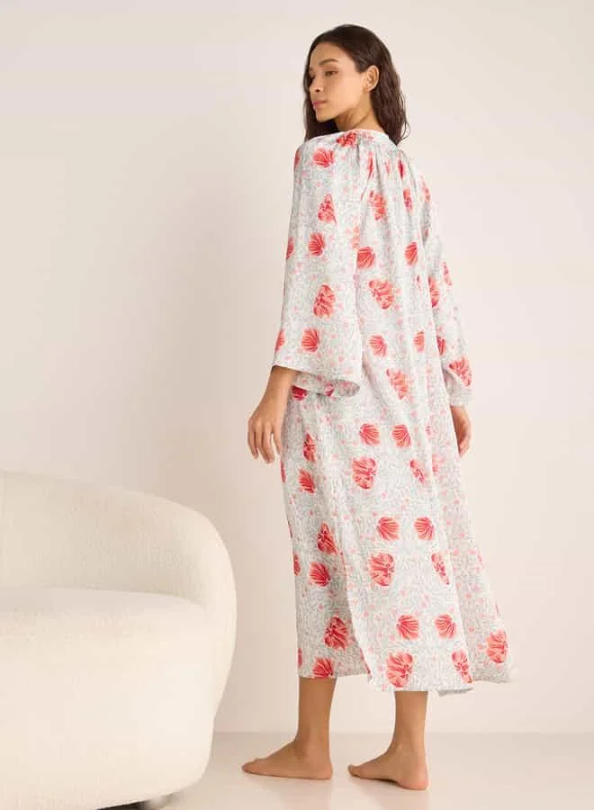 سبلاش فيڤ Floral Print Night Dress with Collar and Long Sleeves