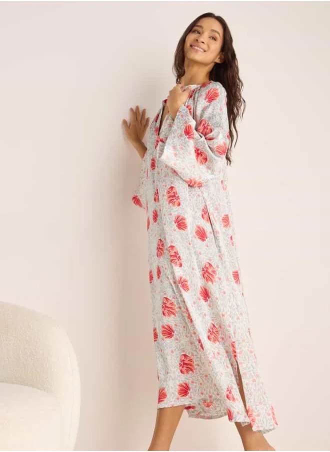 FAV Floral Print Night Dress with Collar and Long Sleeves