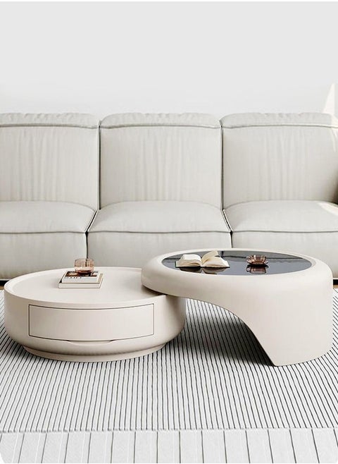 Set of 2 Italian Style Minimalist Round Coffee Table Retractable Nesting Design Side Table Tempered Glass Tabletop Center Table Serving Table with Hidden Handle Storage Drawer for Living Room 80x40 and 75x32 cm
