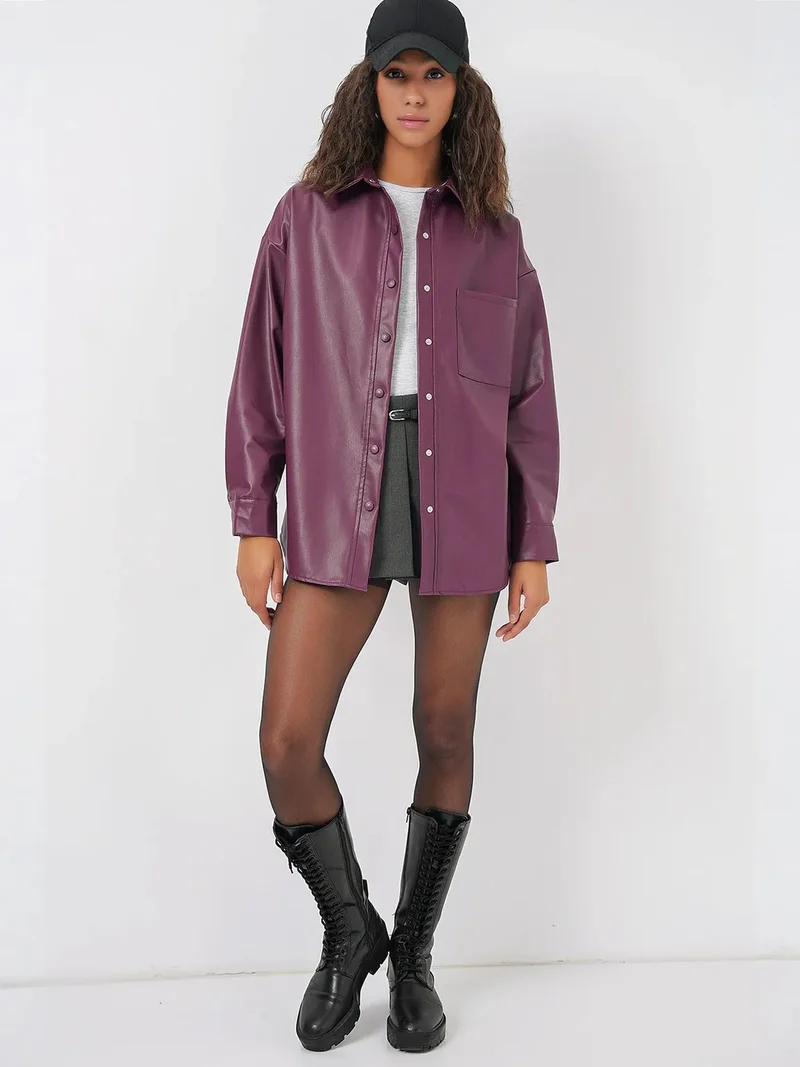 بيغ دارت BDART Oversized Faux Leather Long Sleeve Button-Up Shirt with Pocket