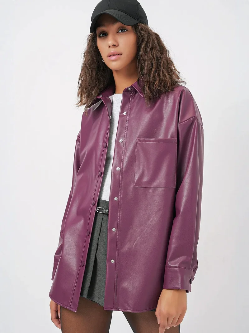 بيغ دارت BDART Oversized Faux Leather Long Sleeve Button-Up Shirt with Pocket