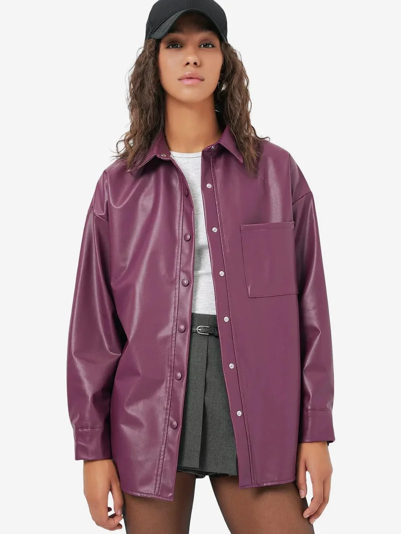 Big Dart Mauve Purple BDART Oversized Faux Leather Long Sleeve Button-Up Shirt with Pocket for Women | Best Price UAE