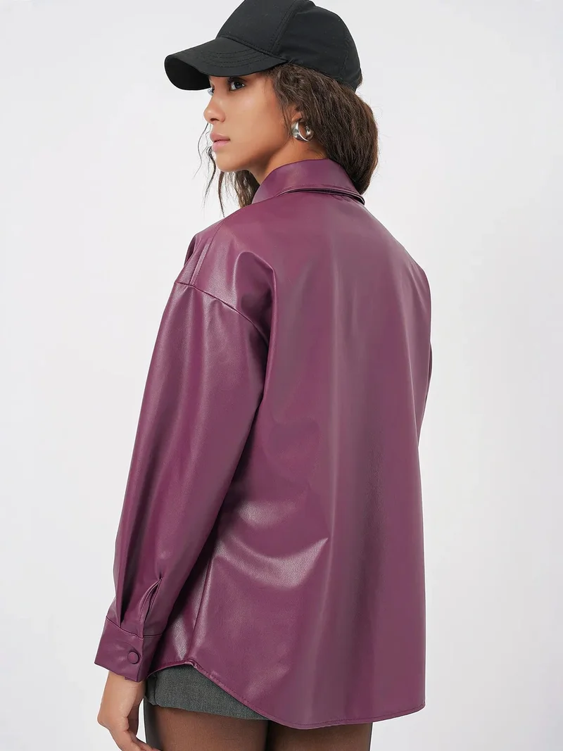 Big Dart Mauve Purple BDART Oversized Faux Leather Long Sleeve Button-Up Shirt with Pocket for Women | Best Price UAE