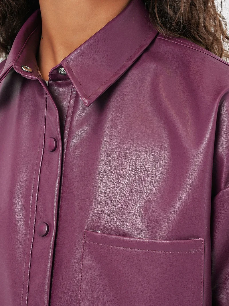 Big Dart Mauve Purple BDART Oversized Faux Leather Long Sleeve Button-Up Shirt with Pocket for Women | Best Price UAE