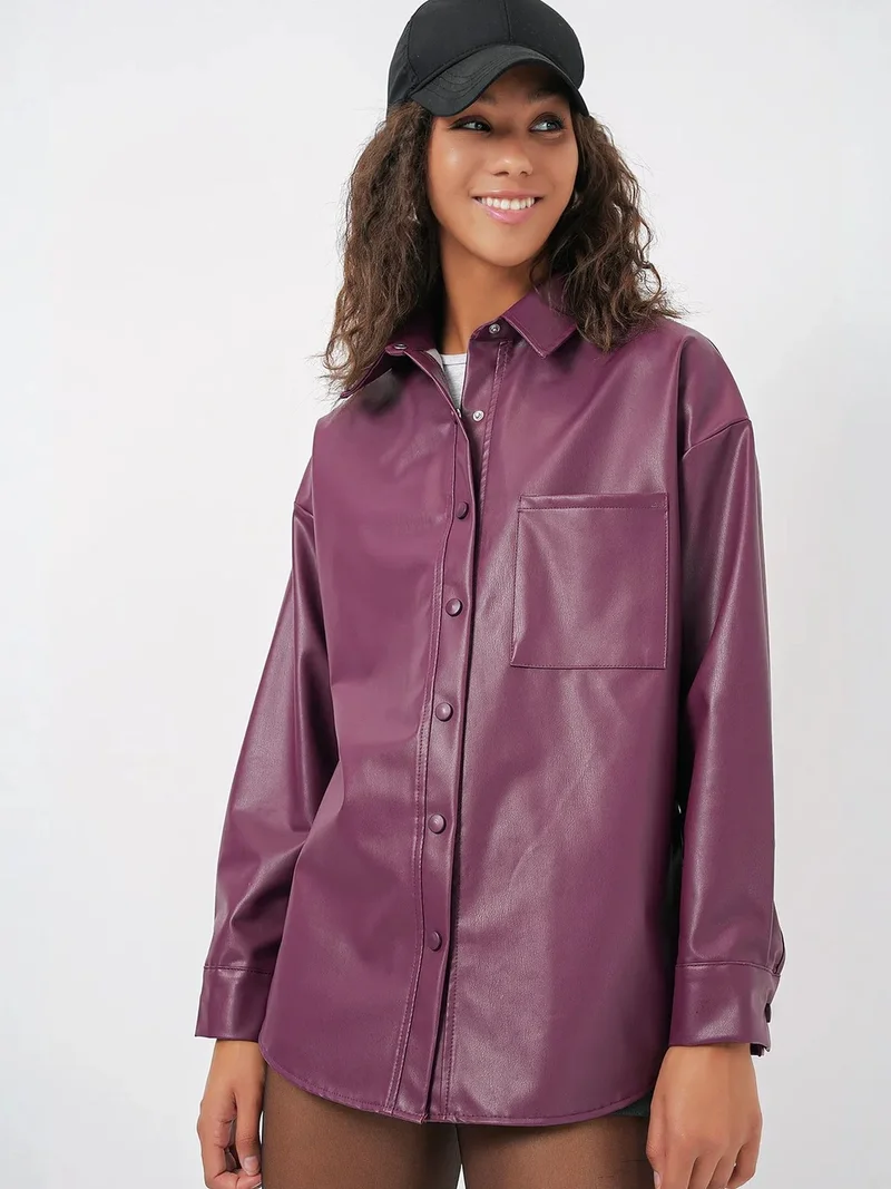 Big Dart Mauve Purple BDART Oversized Faux Leather Long Sleeve Button-Up Shirt with Pocket for Women | Best Price UAE