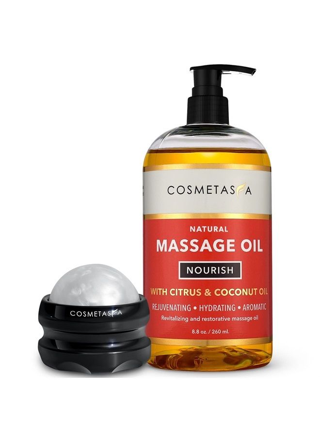 Cosmetasa Natural Nourishing Massage Oil with Massage Roller Ball- Citrus & Coconut- Non Greasy, with Therapeutic Rejuvenating, Hydrating & Aromatic Essential Oils for Dry Skin, Soothes Muscles & Joints 8.8 oz