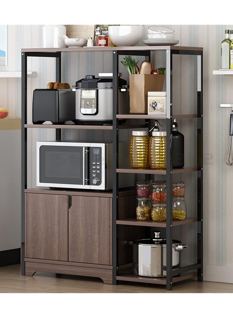 DubaiGallery رف مطبخ منزلي مع خزانة تخزين، حامل ميكروويف متعدد الوظائف باللون البيج، رف تخزين مطبخي خشبي متعدد الطبقات للأدوات، التوابل، الخضار، الفواكه - Image 2