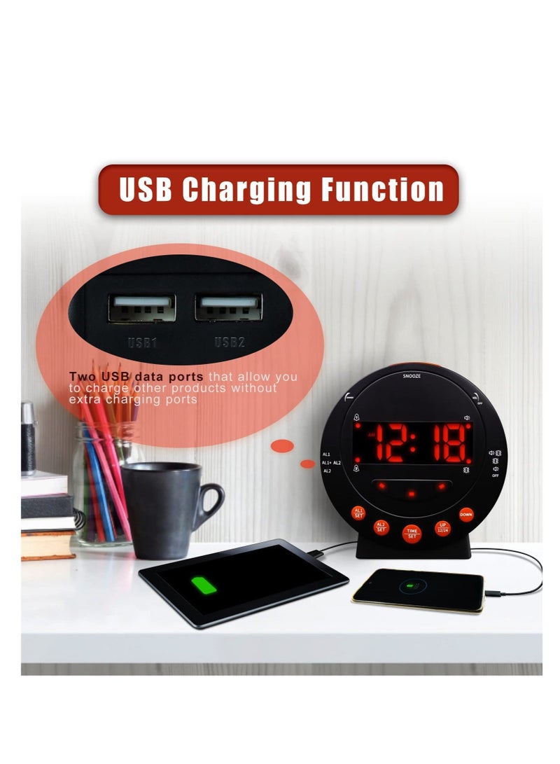 Captaintech Extra Loud Alarm Clock Vibrating Alarm Clock with Bed Shaker Dual USB Charging Snooze Function 0-100% Dimmer and 0-120db Volume 12/24 Hours for Heavy Sleepers - Image 5