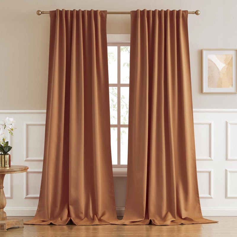 DUALIFE Room Darkening Curtains 102 Inches Long 2 Panels Set Back Tab and Rod Pocket Curtain Panels for Living RoomGolden Oak Brown Orange52W x 102L Inch