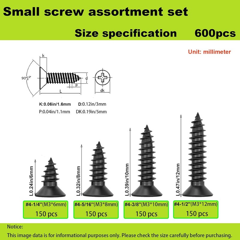 JERLITU M3 Small Screw Kit, Short Wood Screws Assortment Kit, 600pcs Tiny Screws 6/8/10/12mm Phillips Flat Head Self Tapping Electronic Accessories Screw Multifunctional DIY Micro Woodworking Small Screws Set - Image 3