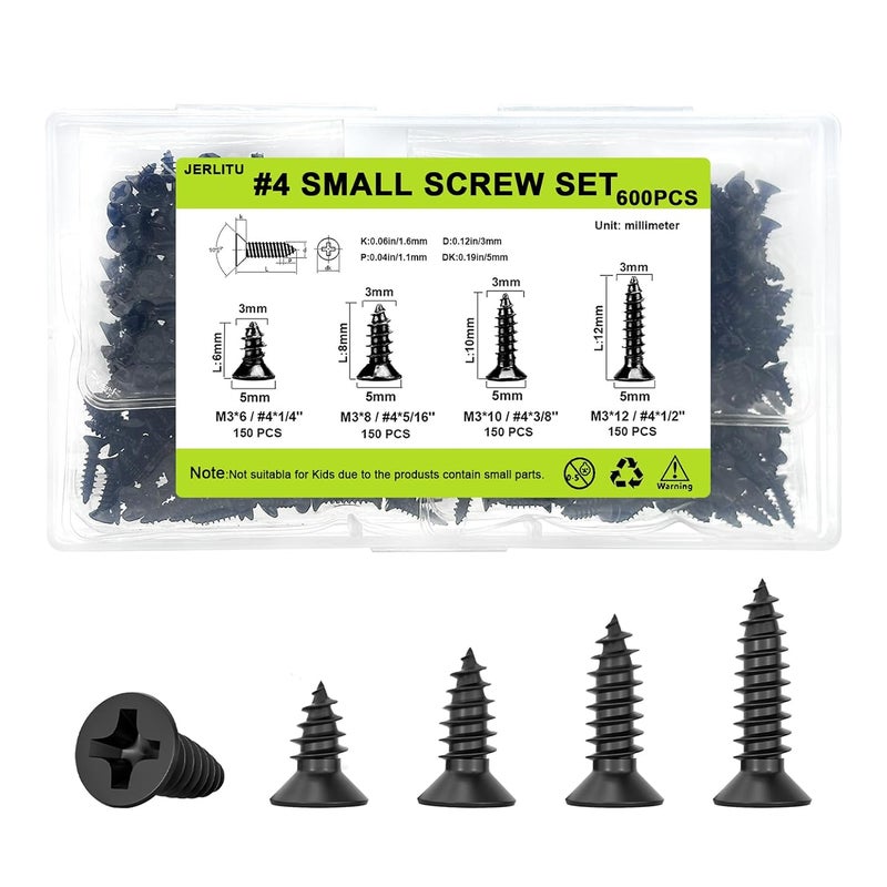 JERLITU M3 Small Screw Kit, Short Wood Screws Assortment Kit, 600pcs Tiny Screws 6/8/10/12mm Phillips Flat Head Self Tapping Electronic Accessories Screw Multifunctional DIY Micro Woodworking Small Screws Set - Image 1