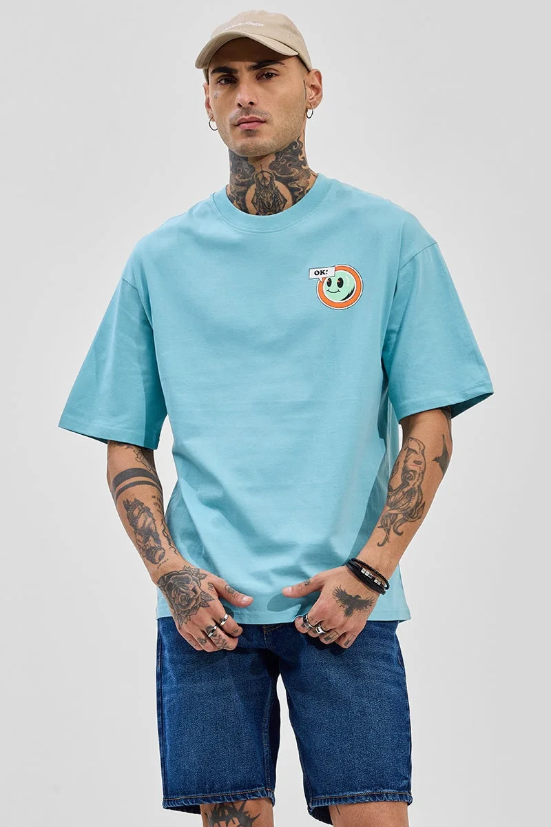 سنيتش Light Blue Graphic Half Sleeve Oversized Streetwear T-Shirt