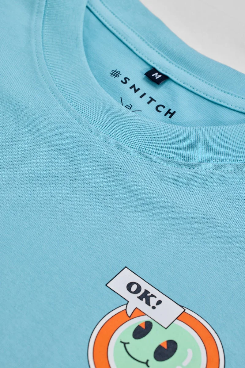 سنيتش Light Blue Graphic Half Sleeve Oversized Streetwear T-Shirt