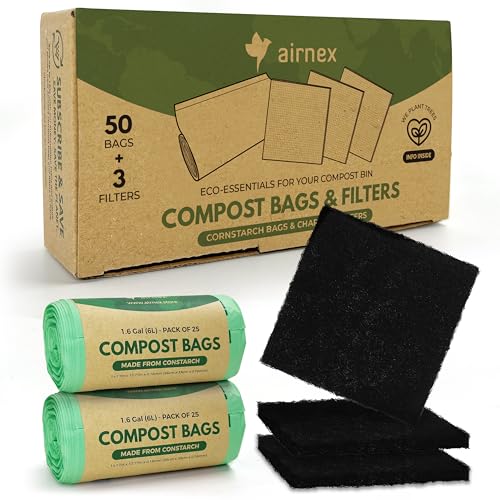AIRNEX Compostable Trash Bags & Charcoal Filters for Compost Bucket Value Pack for Clean & Odorless Composting - 50 Pcs Compostable Trash Bags Small 1.6 Gal & 3 Pcs Compost Bin Filters Charcoal 3.5" - Image 1