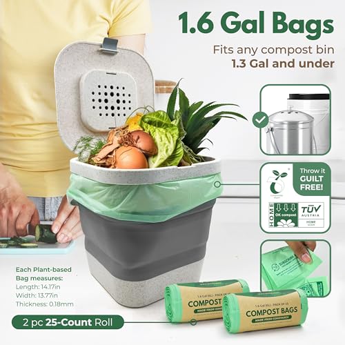AIRNEX Compostable Trash Bags & Charcoal Filters for Compost Bucket Value Pack for Clean & Odorless Composting - 50 Pcs Compostable Trash Bags Small 1.6 Gal & 3 Pcs Compost Bin Filters Charcoal 3.5" - Image 3