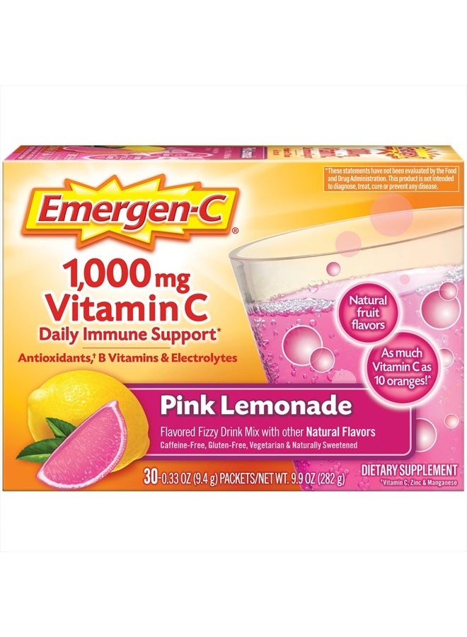 Emergen-C 1000mg Vitamin C Powder, with Antioxidants, B Vitamins and Electrolytes, Immunity Supplements for Immune Support, Caffeine Free Fizzy Drink Mix, Pink Lemonade Flavor - 30 Count  - Image 1
