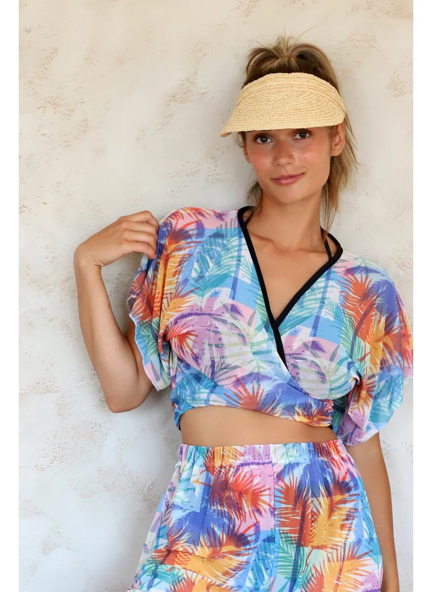 Hamur Dough Crop Cross Tie Detailed Beach Pareo Summer Tulle Chiffon Blouse Coconut Color Std