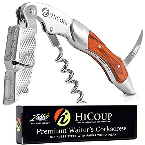 HiCoup Kitchenware Hicoup Wine Opener  Professional Corkscrews for Wine Bottles wFoil Cutter and Cap Remover  Manual Wine Key for Servers Waiters Bartenders and Home Use  Stainless Steel With Pakka Wood Inlay 
