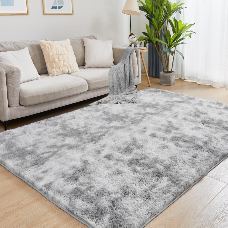 Puremy 6x9 Area Rugs for Living Room Fluffy Shaggy Bedroom Rug Indoor Carpet AntiSkid Soft High Pile Rug for Nursery Kids Room Bedside Home Decoration TieDyed Light Grey