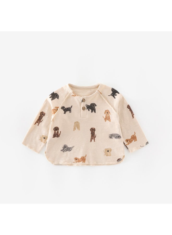 Children's Cartoon Base Shirt With Full Print Of Little Dogs, Autumn Boys' T-shirt, Korean Style Trendy Top For Babies