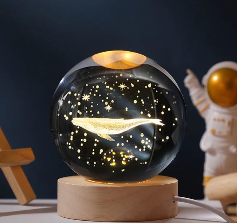 XERGY 3D Galaxy Crystal Ball Night Light, LED Solar System Crystal Ball Night Light with Wooden Base (Whale) - Image 1