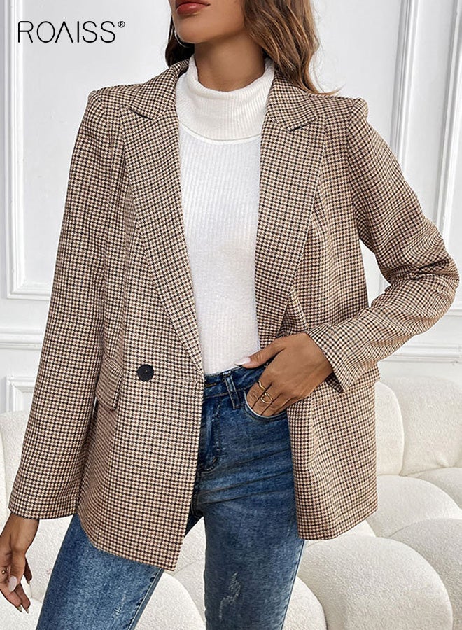 roaiss Women's Blazer, Button-Down Lapel Long-Sleeve Casual Commuter Work Top, Elegant Tailored Checkered Suit with Pockets, Khaki - Image 4