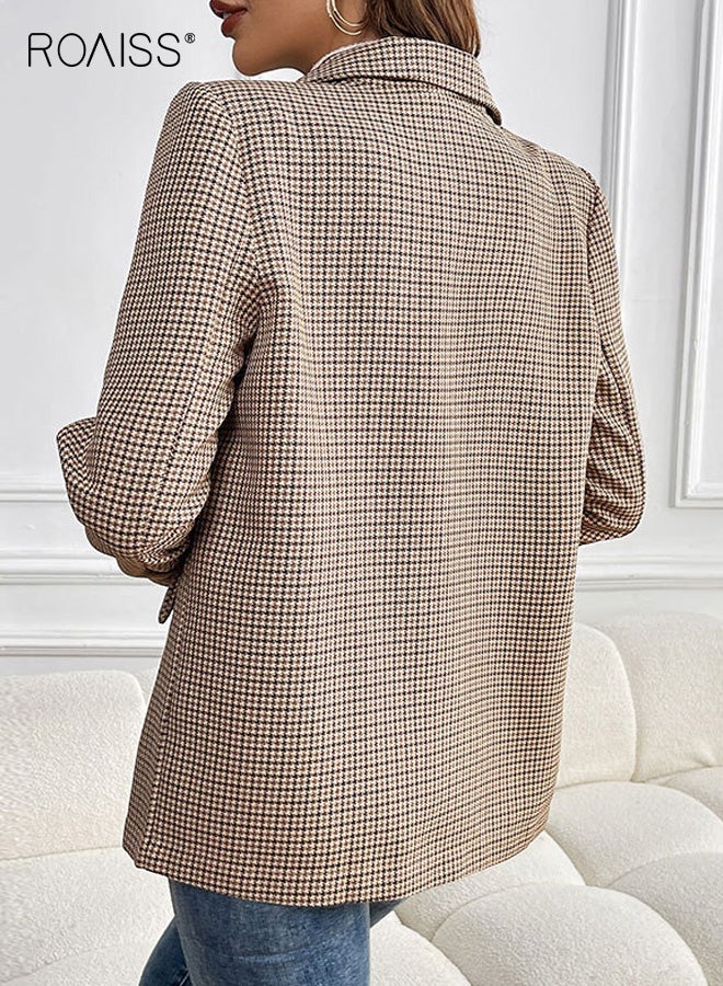 roaiss Women's Blazer, Button-Down Lapel Long-Sleeve Casual Commuter Work Top, Elegant Tailored Checkered Suit with Pockets, Khaki - Image 5