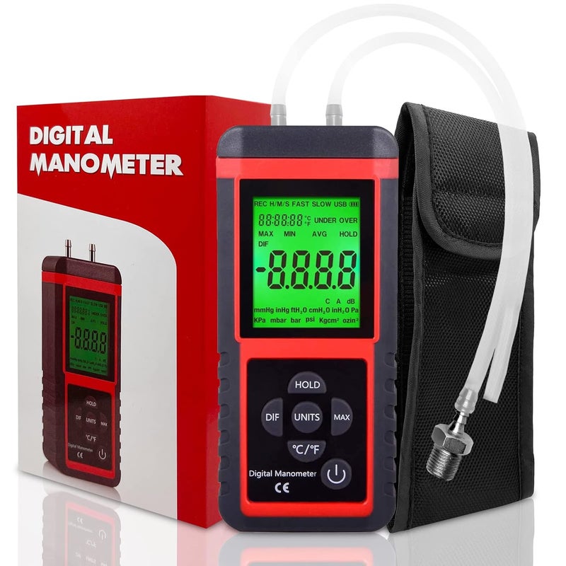 Ehdis Manometer, Professional Air Pressure Meter, Dual-Port HVAC Digital Manometers Gas Pressure Tester Differential Gauge - Image 1