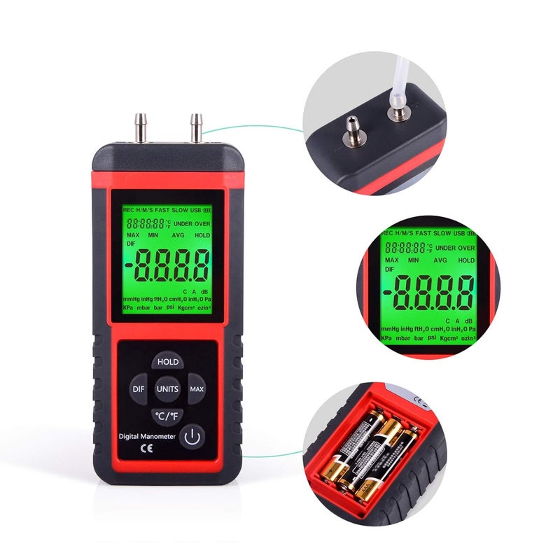 Ehdis Manometer, Professional Air Pressure Meter, Dual-Port HVAC Digital Manometers Gas Pressure Tester Differential Gauge - Image 3