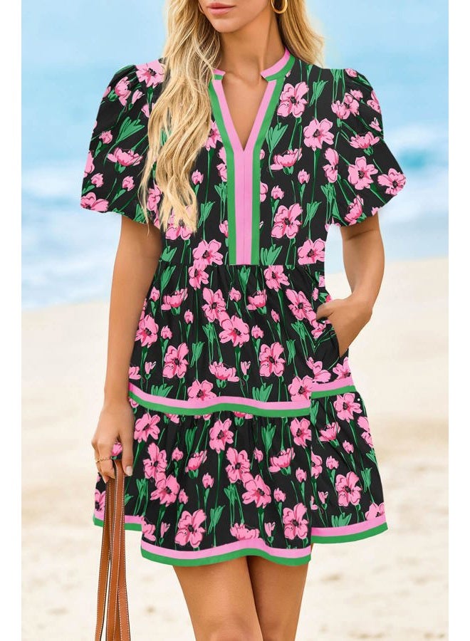 Cicy Bell Womens V Neck Floral Mini Dress Short Puff Sleeve Patchwork Summer Casual Boho Dresses, Black, S - Image 2