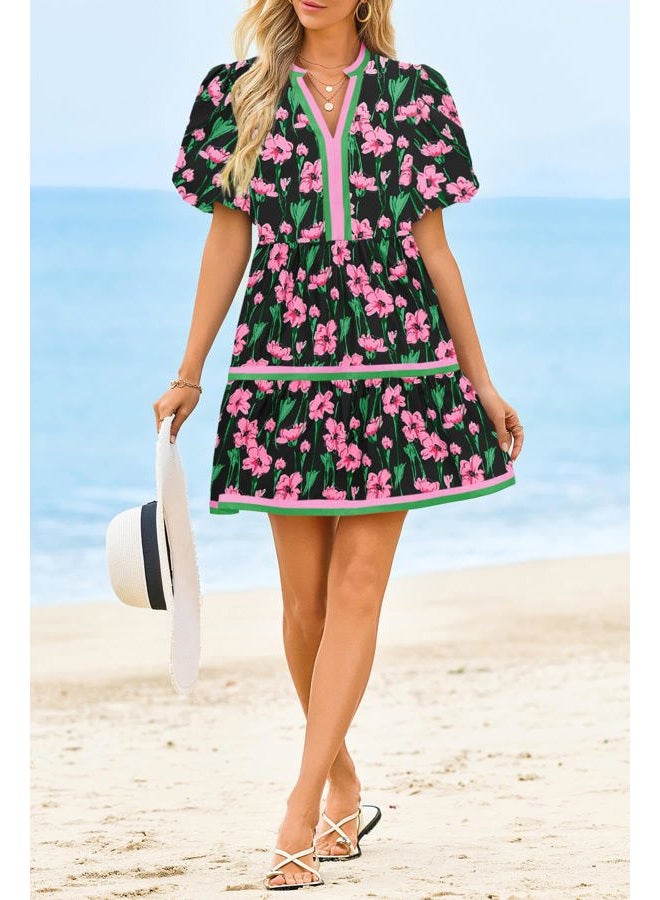 Cicy Bell Womens V Neck Floral Mini Dress Short Puff Sleeve Patchwork Summer Casual Boho Dresses, Black, S - Image 5
