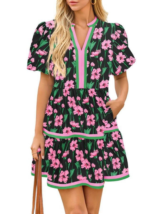 Cicy Bell Womens V Neck Floral Mini Dress Short Puff Sleeve Patchwork Summer Casual Boho Dresses, Black, S - Image 1