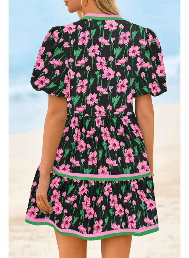 Cicy Bell Womens V Neck Floral Mini Dress Short Puff Sleeve Patchwork Summer Casual Boho Dresses, Black, S - Image 3