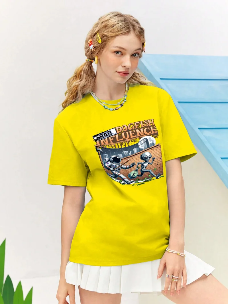 DogFish Lover Combination Couple Fun Graphic Printed Oversize Cotton T-Shirt 2-Pack