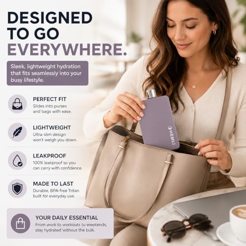 Hemli Flat Water Bottle with Carrying Case – Thin Square Travel Water Bottle Fits in Purses & Bags – Shatterproof BPA-Free Tritan Plastic – Leakproof Silicone Seal (Mauve) - Image 4