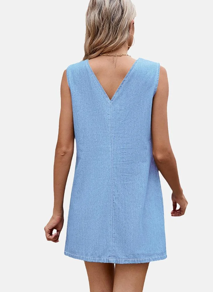 يونيكي Blue A-Line Tie-up Plain Denim Dress
