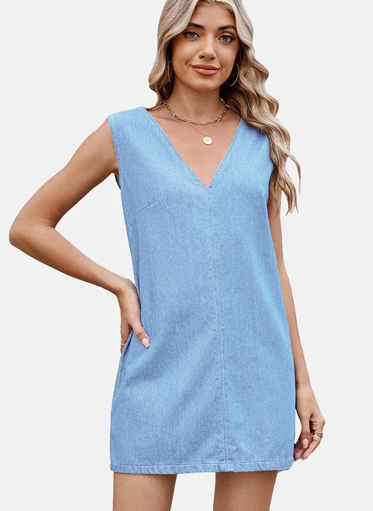 يونيكي Blue A-Line Tie-up Plain Denim Dress