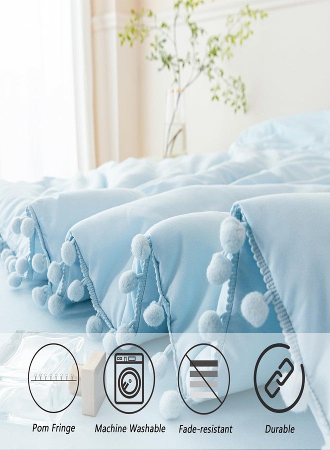 PERFEMET 5 Pieces Twin Bedding Sets Light Blue Pom Pom Comforter Set for Girls Boys Soft Fluffy Solid Boho Bed in A Bag with Comforter and Sheets(Light Blue, Twin) - Image 4