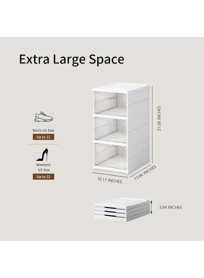 Large White Modern 3-Tier Folding Shoe Rack with Clear Door, Plastic Sneaker Boxes, Stackable Shoe Organizer for Closet, Entryway, Room, 3 Pairs - Image 5