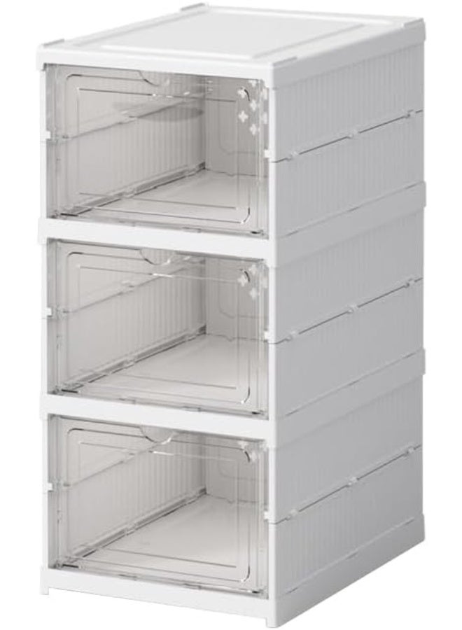 Large White Modern 3-Tier Folding Shoe Rack with Clear Door, Plastic Sneaker Boxes, Stackable Shoe Organizer for Closet, Entryway, Room, 3 Pairs - Image 1